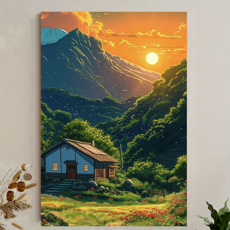 1pc Mountain Cabin Sunset Canv - Canvas Wrap Ready ulasan dan harga
